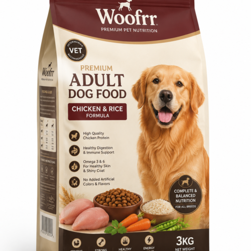 ChatGPT Image Aug 18, 2026, 08_19_23 PM Woofrr Premium Chicken & Rice Adult Dog Food â High Protein, Complete Nutrition for All Breeds (3kg)